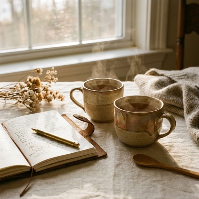 Tea and an open journal in morning light