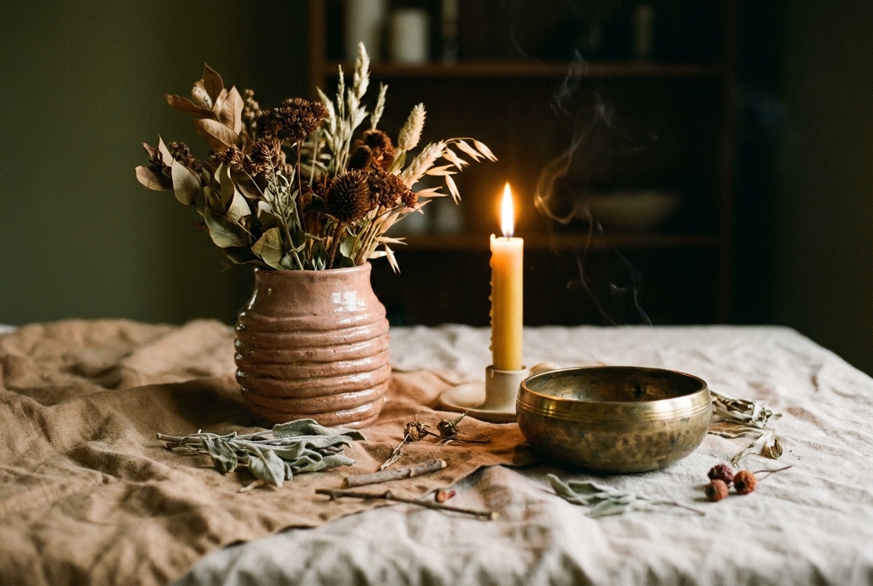 A ceremonial altar — clay vessel, candle, and offering bowl